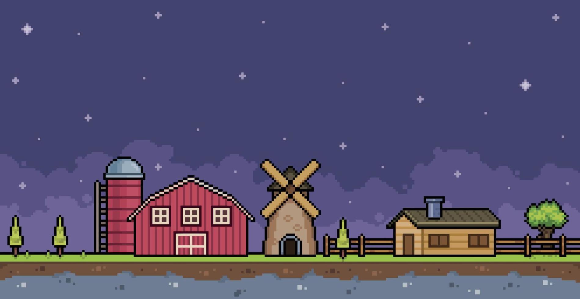 pixel kunst boerderij landschap Bij nacht met huis, schuur, silo en molen 8 bit spel achtergrond vector