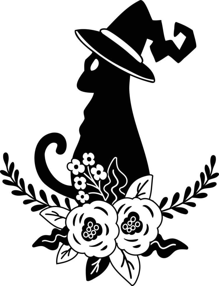 hand- getrokken halloween katten en bloemen illustratie vector