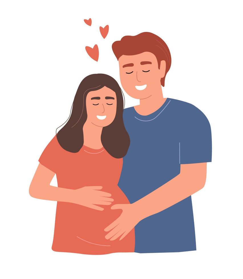 een paar van gelukkig toekomst ouders. een zwanger vrouw is ervan uitgaand een baby. man en vrouw knuffel. vector grafiek.