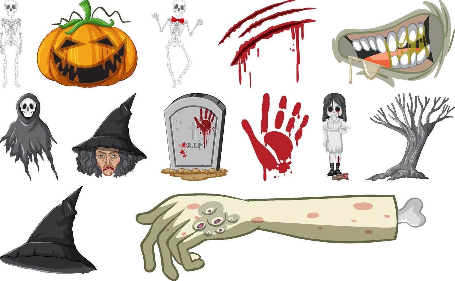 reeks van verschrikking halloween voorwerpen en tekenfilm tekens vector