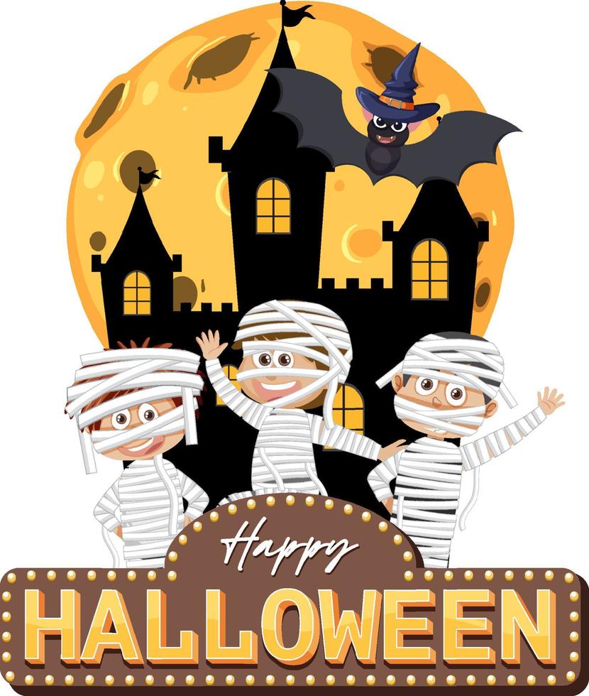 gelukkig halloween tekst logo met tekenfilm karakter vector