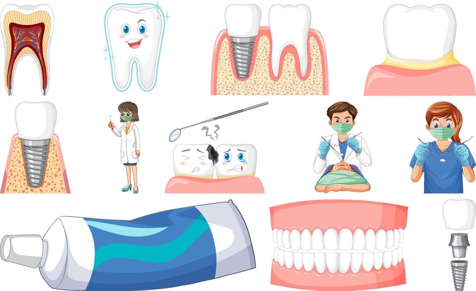 reeks van tandheelkundig uitrustingen en tekenfilm tekens vector