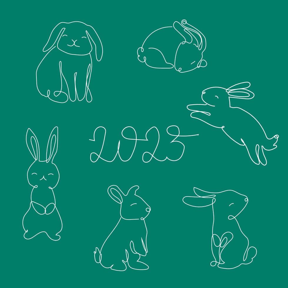 reeks van konijnen in een lijn met een opschrift 2023. zwart lijn vector illustratie Aan groen achtergrond