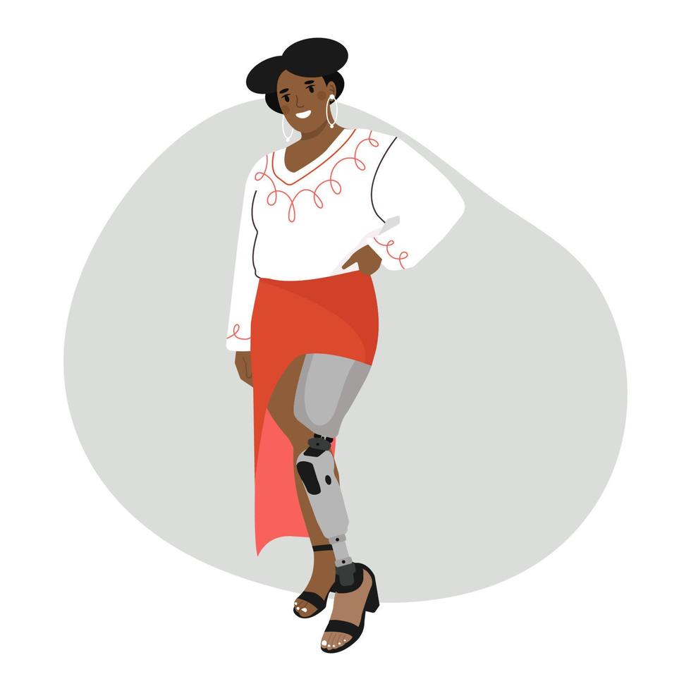 Afrikaanse Amerikaans speciaal vrouw. mensen prothese, amputatie, inclusie. vector illustratie.