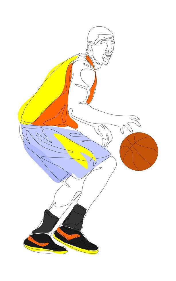 doorlopend een lijn tekening van basketbal speler dribbelen en Holding de bal. atleet rennen eenvoud minimalisme ontwerp. vector