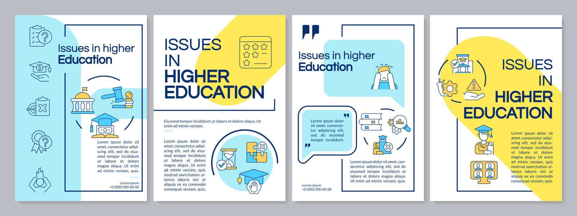 problemen in hoger onderwijs blauw en geel brochure sjabloon. brochure ontwerp met lineair pictogrammen. bewerkbare 4 vector indelingen voor presentatie, jaar- rapporten.