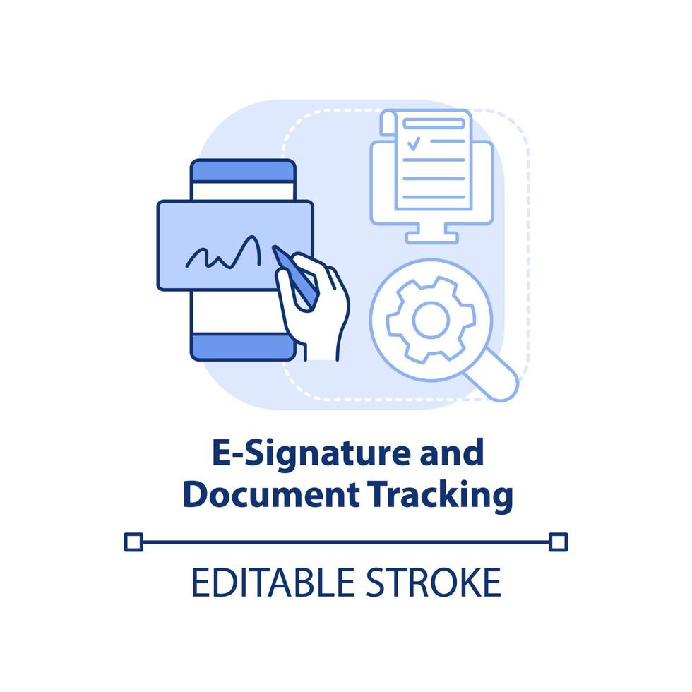 e-handtekening en document volgen lichtblauw concept icoon. verkoophulpmiddel abstracte idee dunne lijn illustratie. wettelijke status van. geïsoleerde overzichtstekening. bewerkbare streek. vector