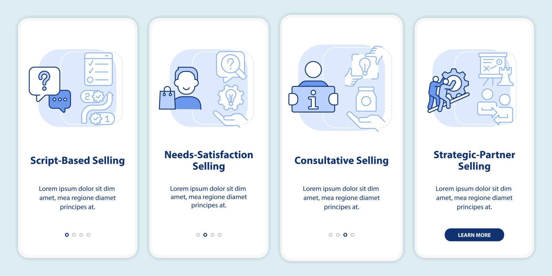 verkoopstrategieën lichtblauw onboarding mobiel app-scherm. marketing walkthrough 4 stappen bewerkbare grafische instructies met lineaire concepten. ui, ux, gui-sjabloon. vector