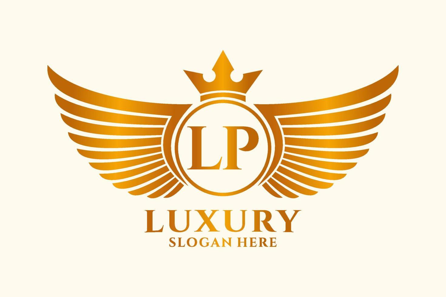 luxe Koninklijk vleugel brief lp kam goud kleur logo vector, zege logo, kam logo, vleugel logo, vector logo sjabloon.