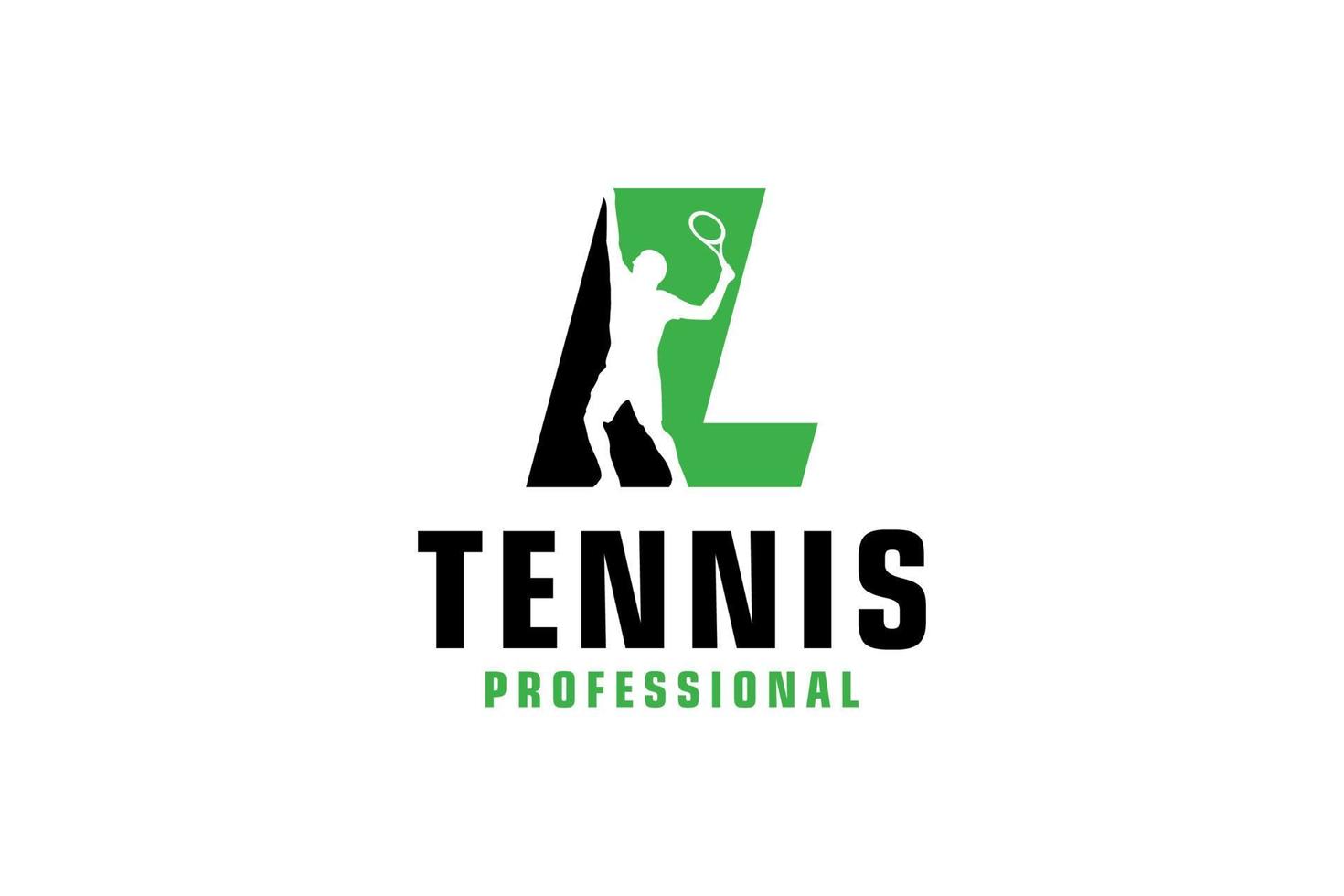 brief l met tennis speler silhouet logo ontwerp. vector ontwerp sjabloon elementen voor sport team of zakelijke identiteit.