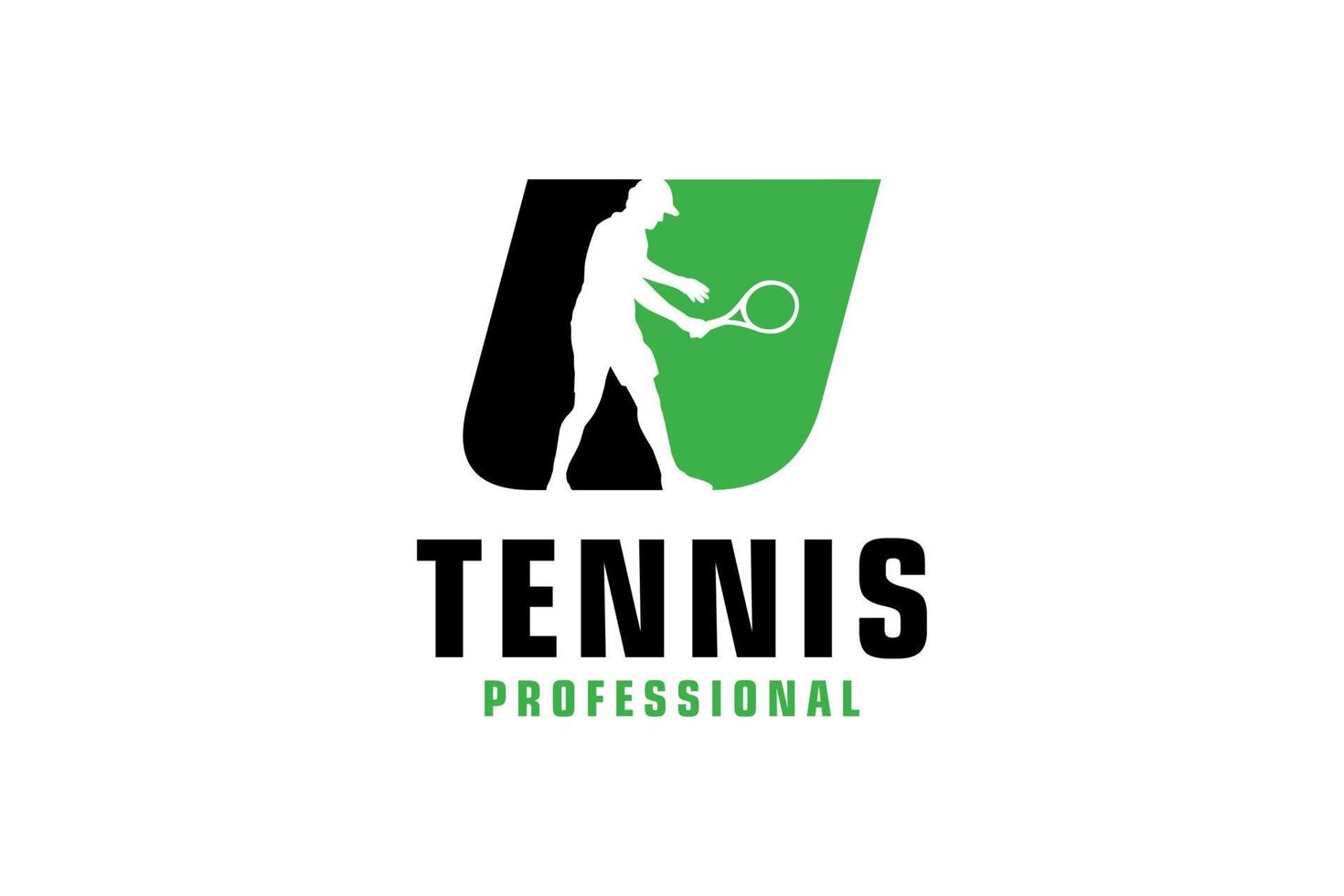 letter u met tennisspeler silhouet logo ontwerp. vectorontwerpsjabloonelementen voor sportteam of huisstijl. vector