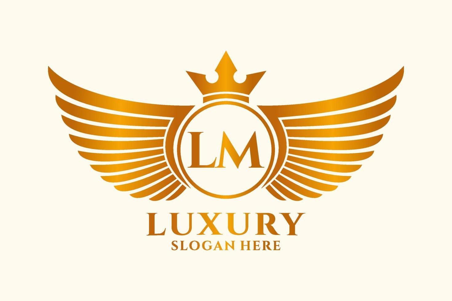 luxe Koninklijk vleugel brief lm kam goud kleur logo vector, zege logo, kam logo, vleugel logo, vector logo sjabloon.