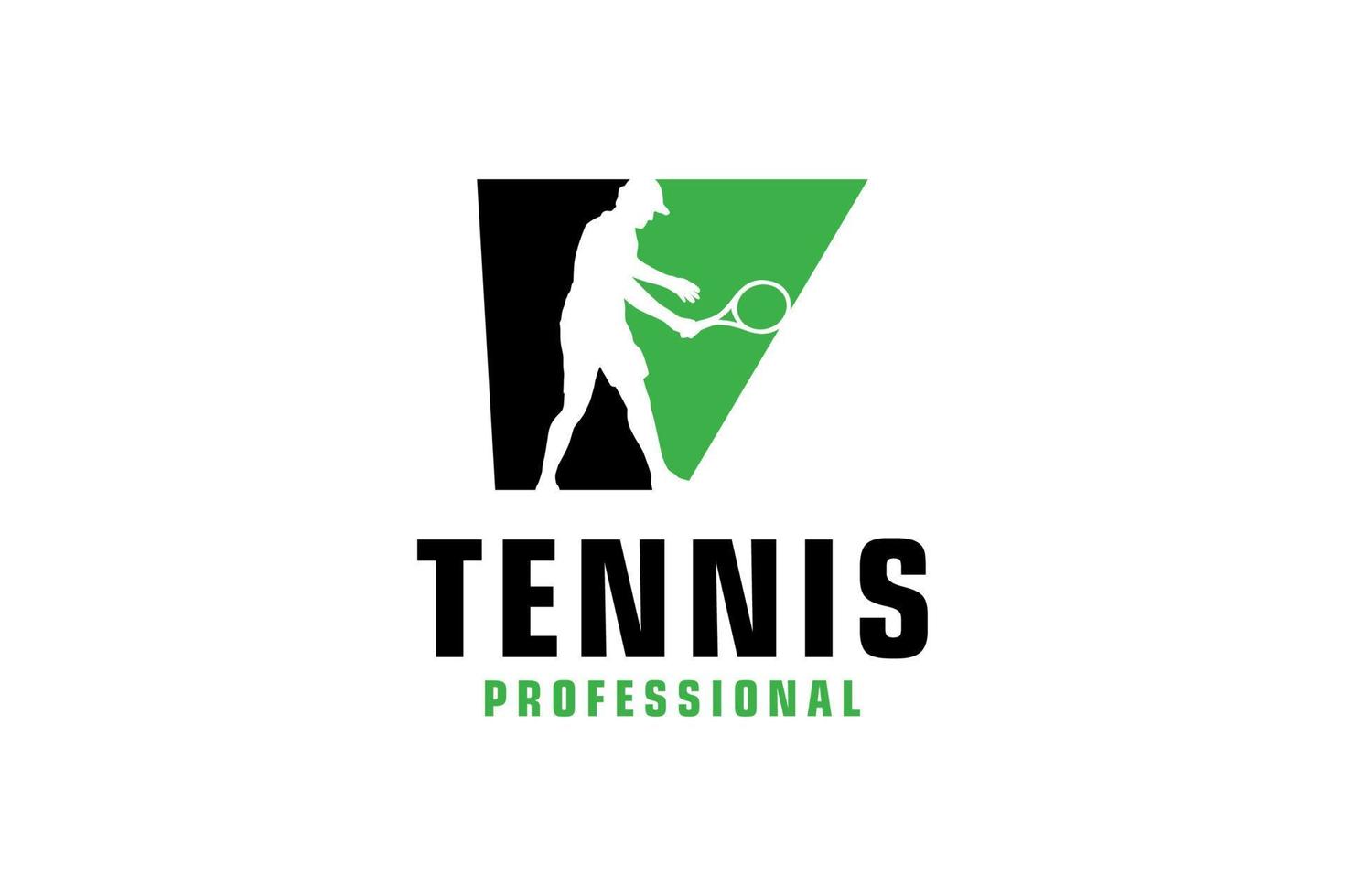 letter v met tennisspeler silhouet logo ontwerp. vectorontwerpsjabloonelementen voor sportteam of huisstijl. vector