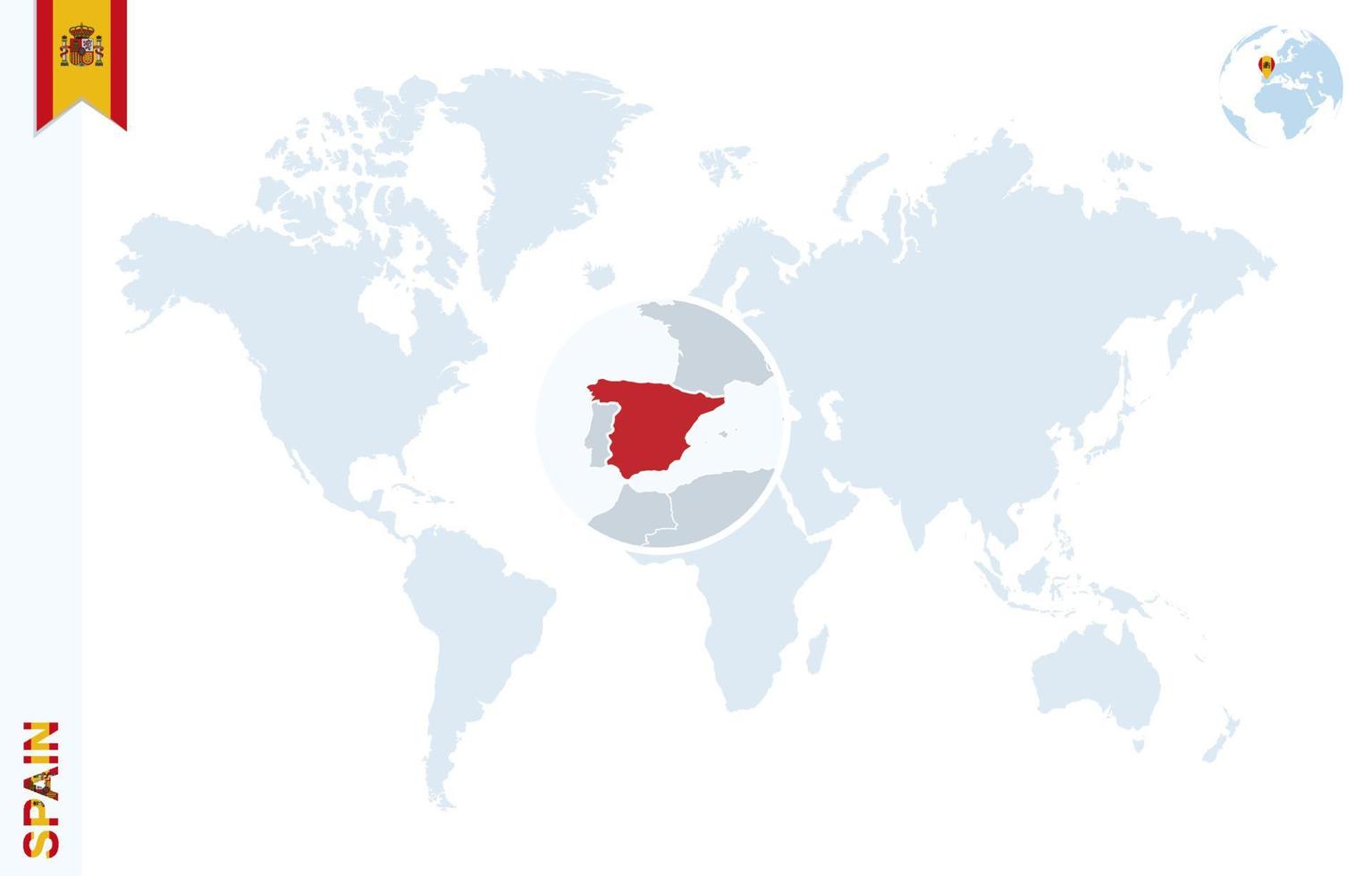 blauw wereld kaart met vergroten Aan Spanje. vector