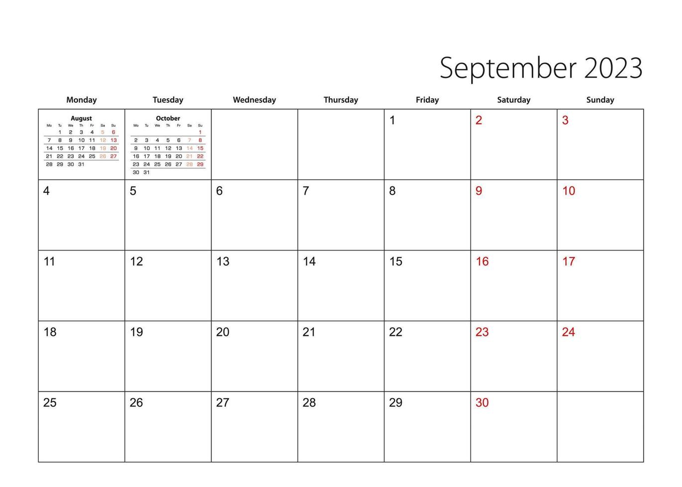 september 2023 gemakkelijk kalender planner, week begint van maandag. vector