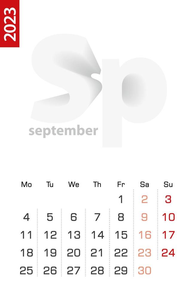 minimalistische kalender sjabloon voor september 2023, vector kalender in engels.