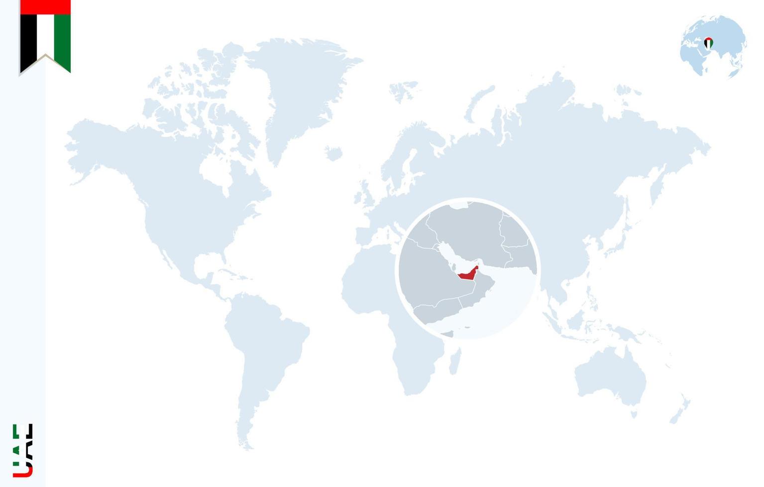 blauw wereld kaart met vergroten Aan Verenigde Arabisch emiraten. vector