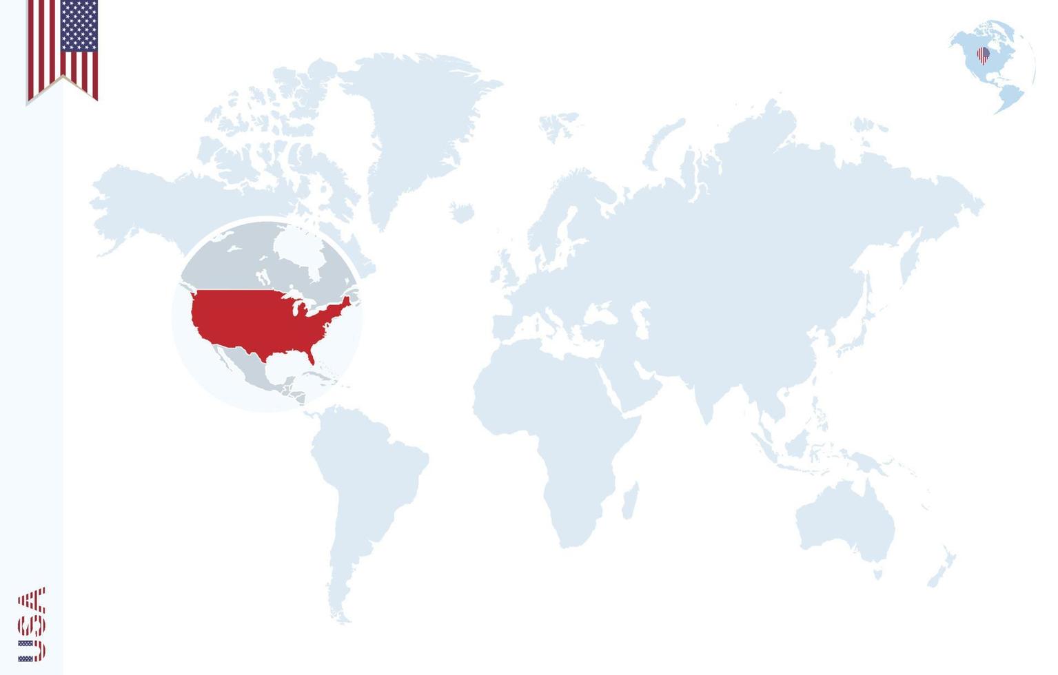 blauw wereld kaart met vergroten Aan Verenigde Staten van Amerika. vector