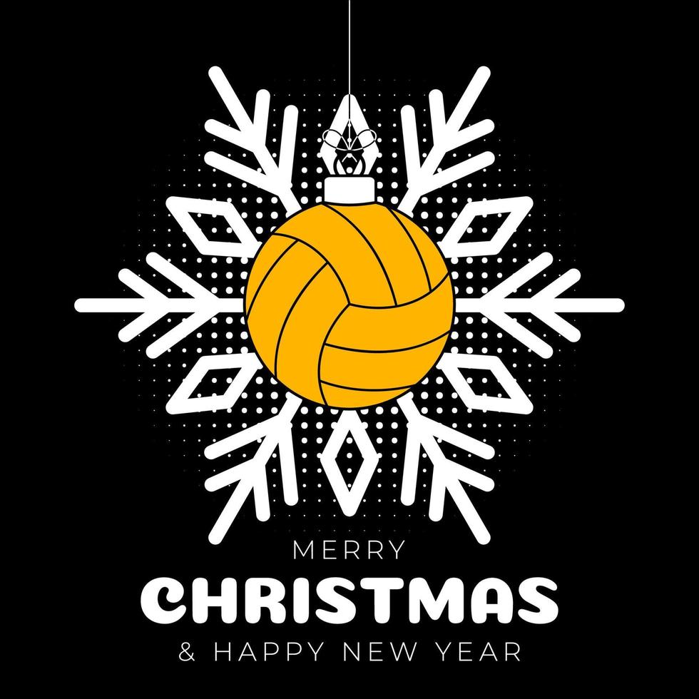 volleybal Kerstmis groet kaart. vrolijk Kerstmis en gelukkig nieuw jaar schets stijl vlak tekenfilm sport- spandoek. volleybal bal net zo een Kerstmis bal Aan zwart achtergrond. vector illustratie.