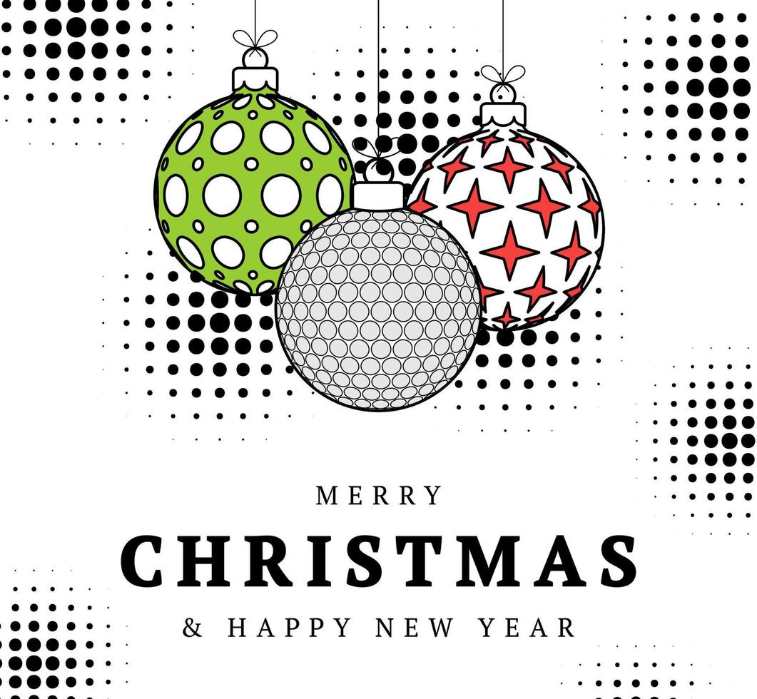 golf Kerstmis groet kaart in modieus lijn stijl. vrolijk Kerstmis en gelukkig nieuw jaar schets tekenfilm sport- spandoek. golf bal net zo een Kerstmis bal Aan wit achtergrond. vector illustratie.