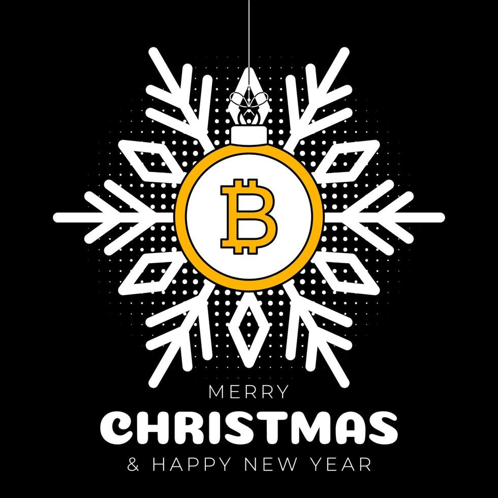 bitcoin Kerstmis groet kaart. vrolijk Kerstmis en gelukkig nieuw jaar schets stijl vlak tekenfilm sport- spandoek. bitcoin net zo een Kerstmis bal Aan zwart achtergrond. vector illustratie.