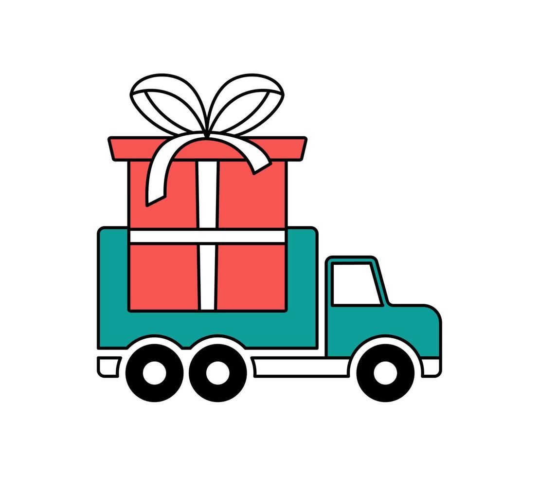 levering van kerstcadeaus. online winkelen logistieke vrachtwagen die cadeaulabel levert. online levering contactloze service aan huis, kantoor per vrachtwagen. vector