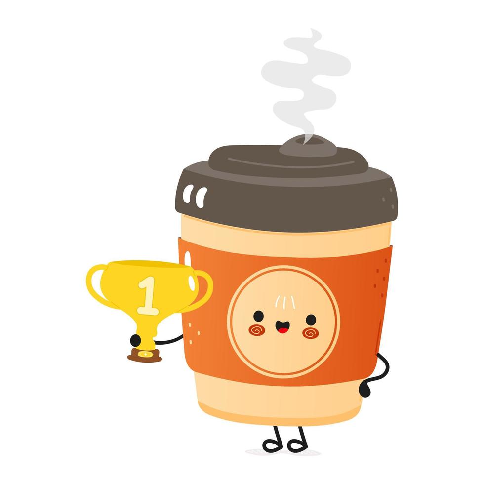 leuke grappige kop koffie met gouden trofee beker. vector hand getekend cartoon kawaii karakter illustratie pictogram. geïsoleerd op een witte achtergrond. kopje koffie met winnaar trofee beker