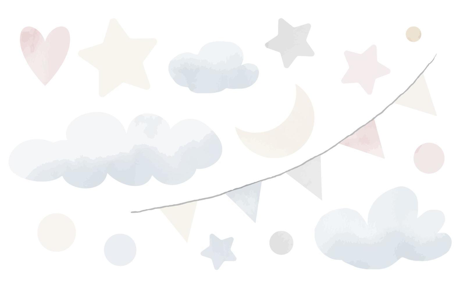 lucht waterverf reeks in pastel beige en blauw kleuren. hand- getrokken vector schattig sterren en wolken. roze hart. illustratie voor kinderkamer. ontwerp voor jongen of meisje