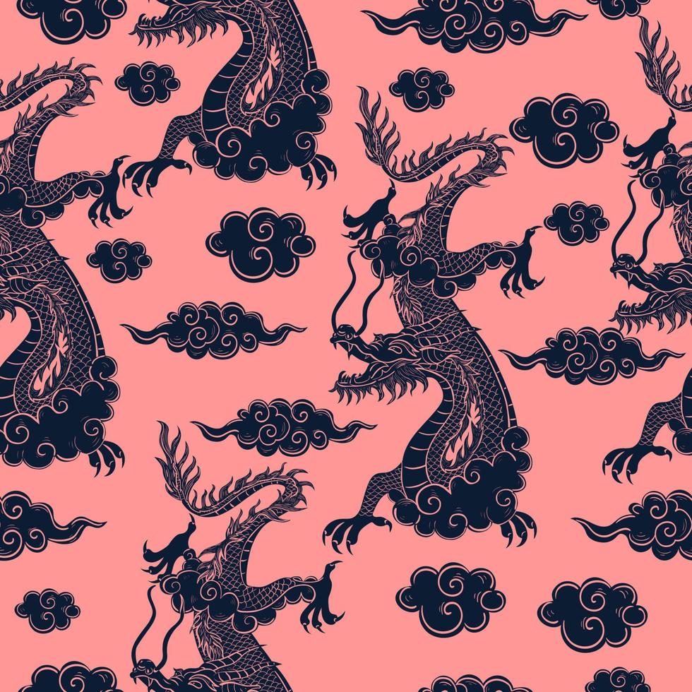 naadloos patroon met Chinese draak in blauw Aan een roze achtergrond. vector grafiek.
