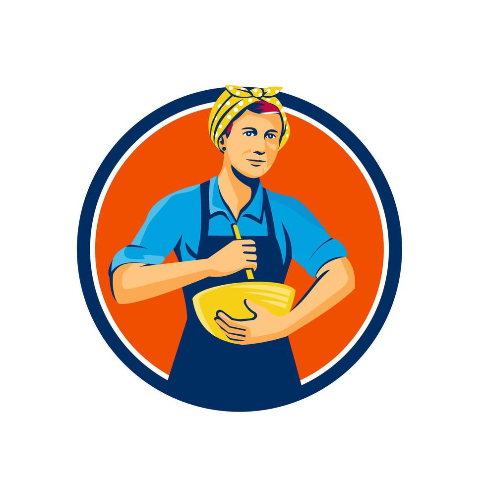 vrouw chef bandana menging kom cirkel retro vector