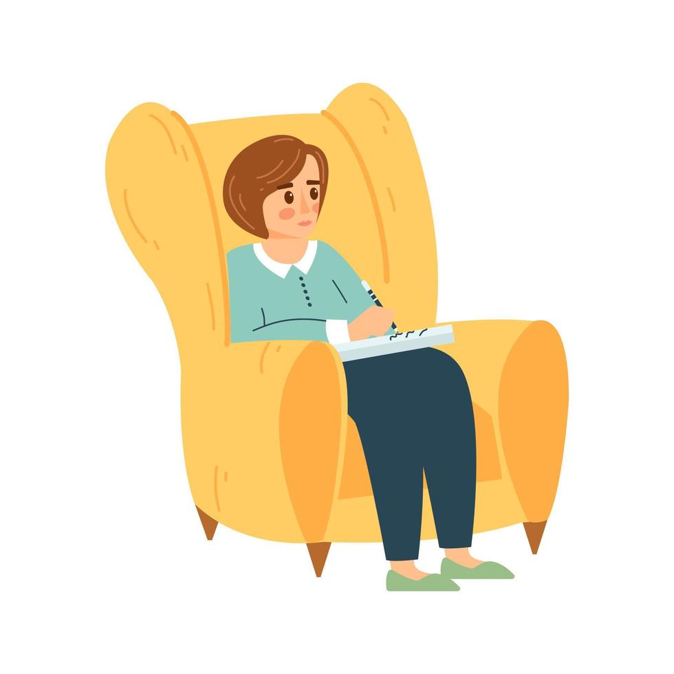 vrouw in fauteuil schrijft in een notebook. vector illustratie van leerling meisje, vrouw karakter studies in tekenfilm vlak stijl.