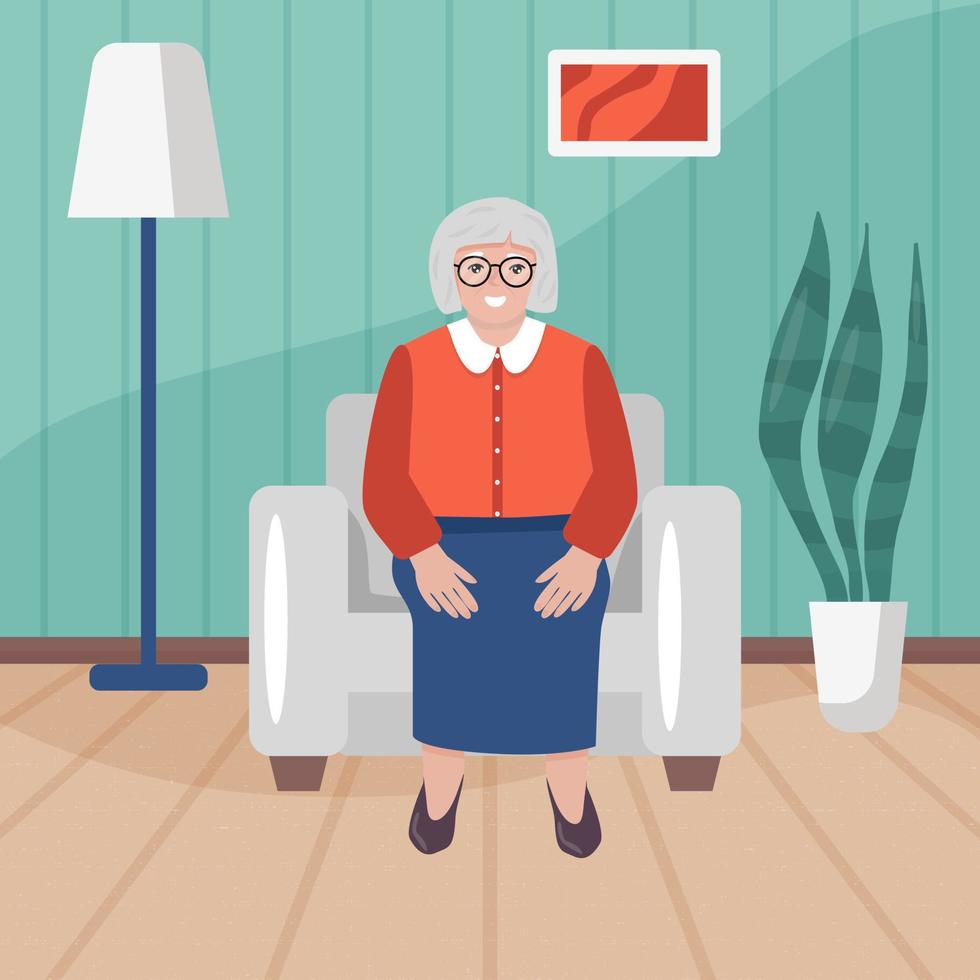 gelukkig grootmoeder zittend in fauteuil in haar huis. senioren vrouw in tekenfilm stijl in leven kamer. vlak vector illustratie.