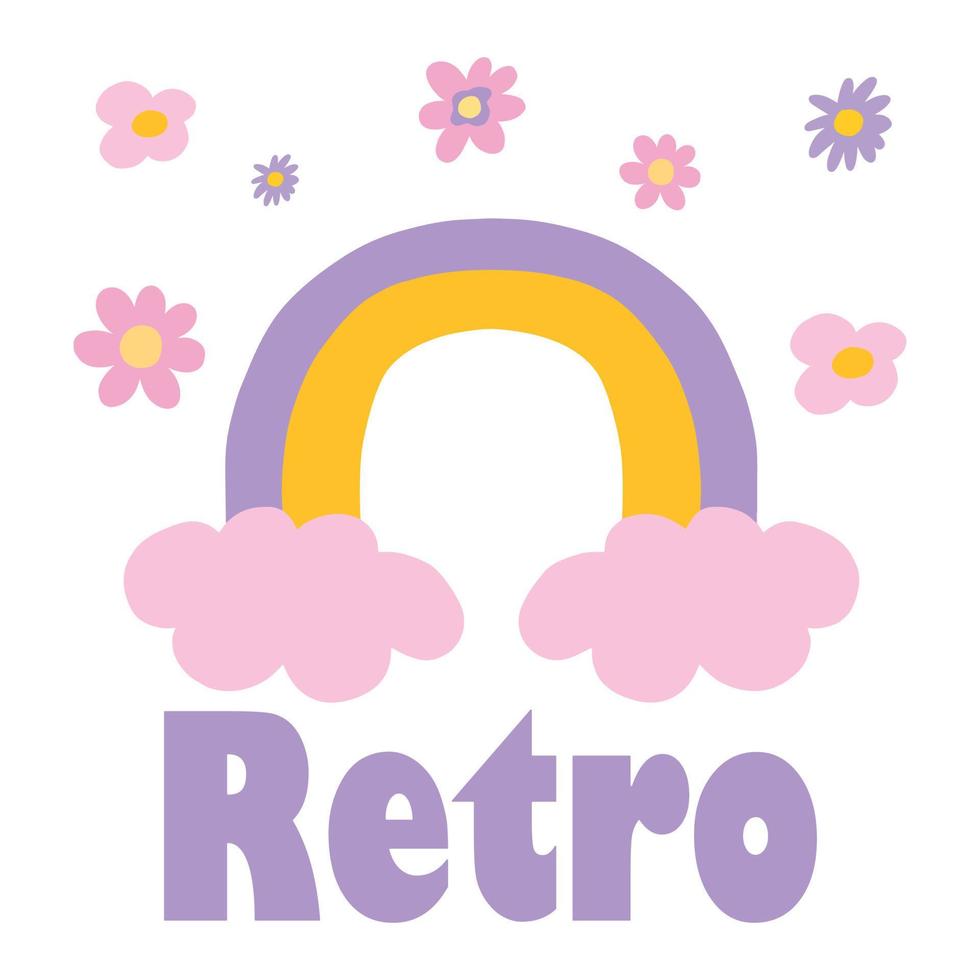 retro poster met regenboog, wolken en bloemen. retro ansichtkaart. stijl van de Jaren 60 en jaren 70. poster voor een kinderen kamer. vector illustratie.