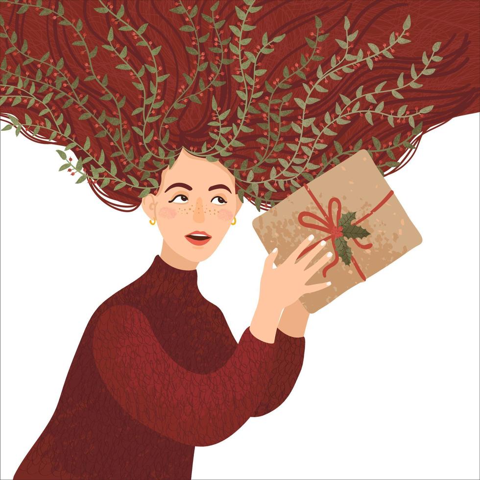 vector Kerstmis illustratie van een vrouw met een geschenk doos. voor uitnodiging, groet kaart, poster, banier, folder, omslag, aanplakbiljet, brochure en andere grafisch ontwerp