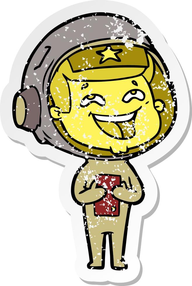 verontruste sticker van een cartoon lachende astronaut vector