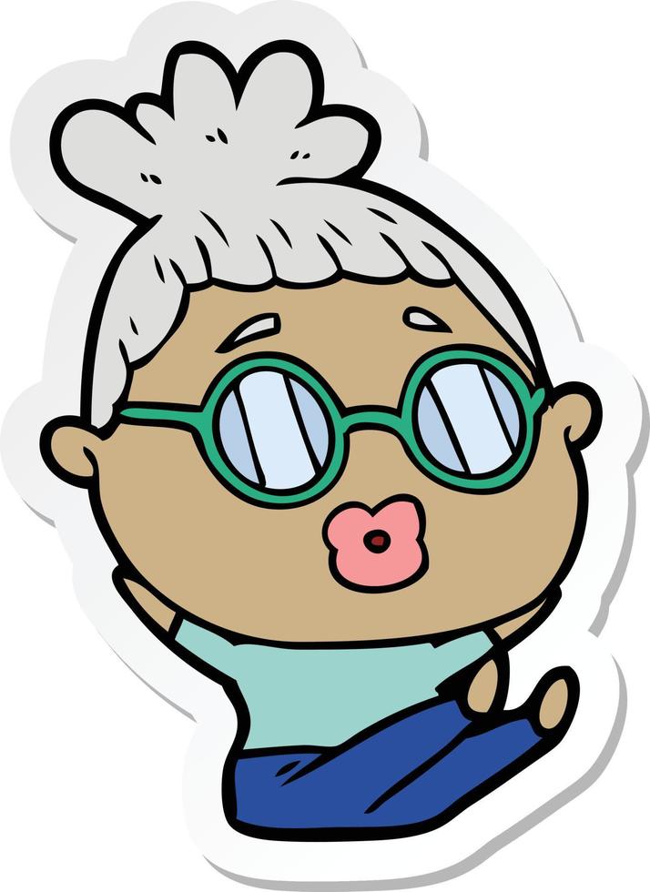 sticker van een cartoon zittende vrouw die een bril draagt vector