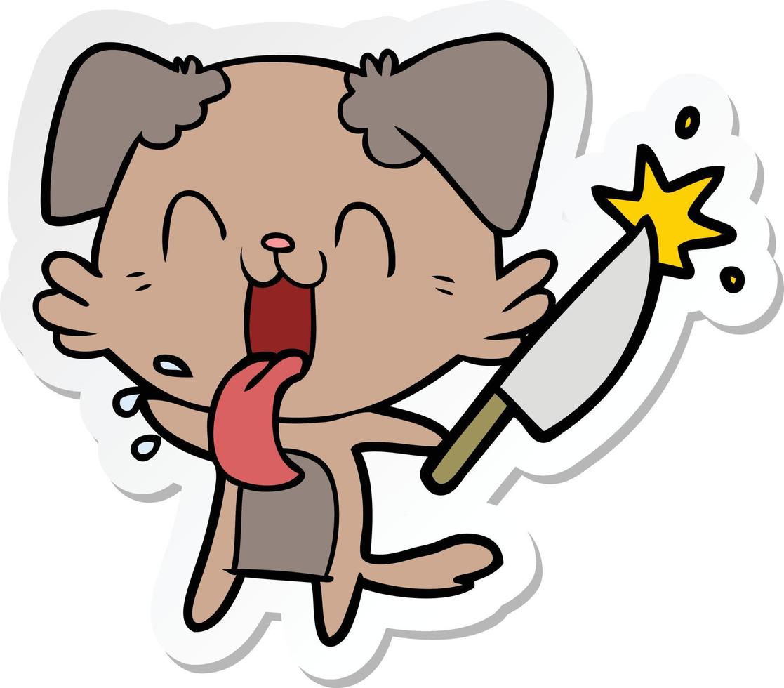 sticker van een tekenfilm gek hond met mes vector