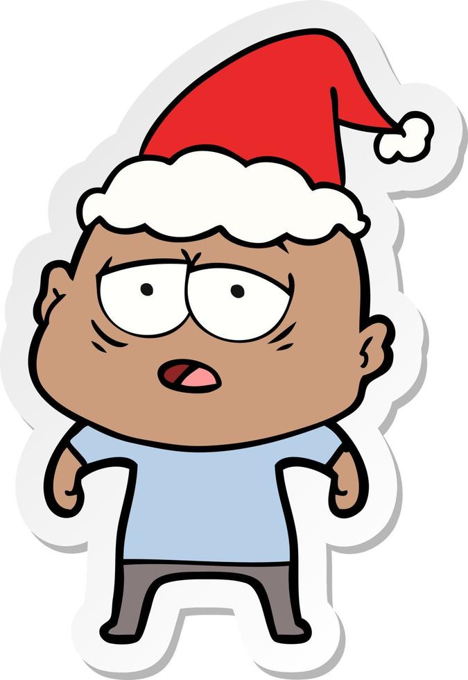 sticker cartoon van een vermoeide kale man met een kerstmuts vector