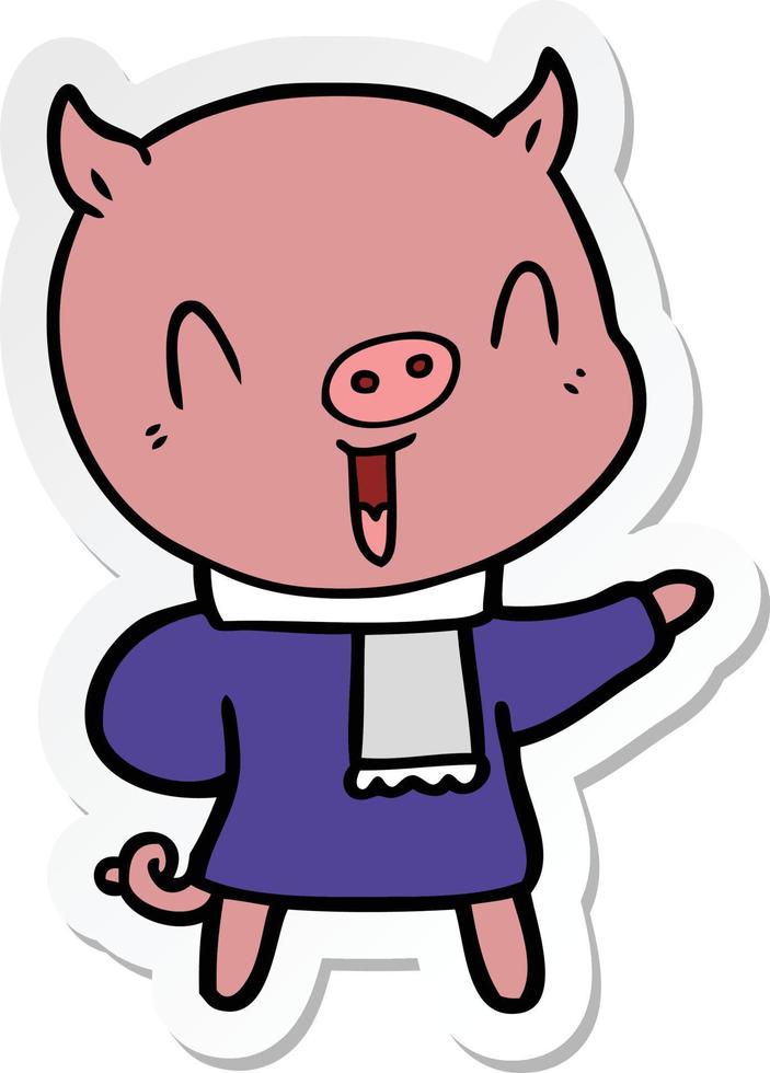 sticker van een gelukkig tekenfilm varken in winter kleren vector