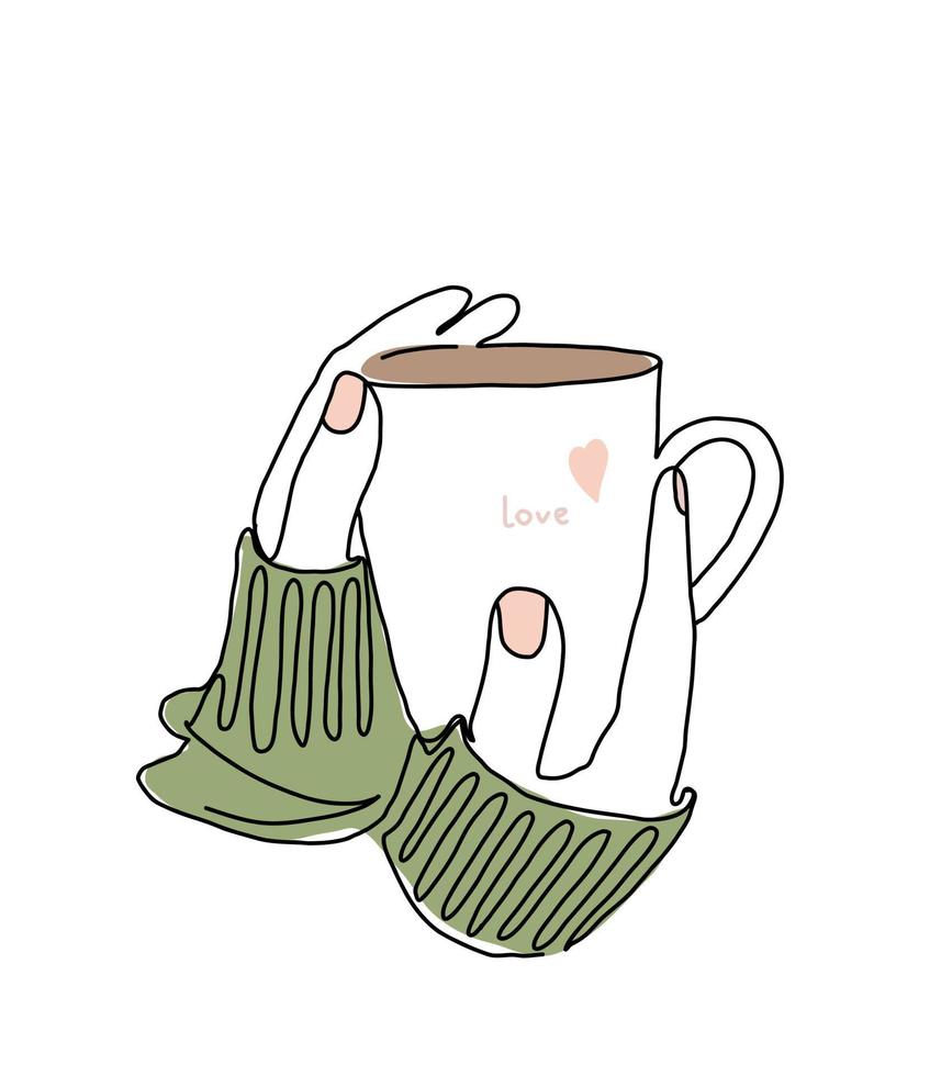 illustratie van een kop van koffie in vrouwen handen. gemakkelijk hand getekend illustratie in lijn kunst stijl. single lijn tekening vector