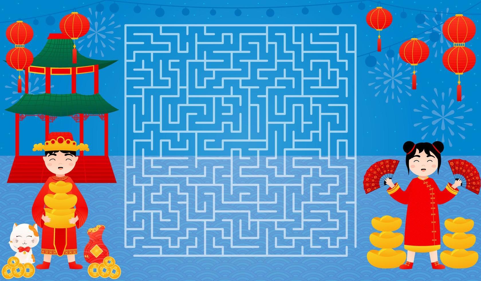 maan- nieuw jaar puzzel spel met labyrint, vind Rechtsaf manier naar meisje met fans van jongen Holding goud blokken vector