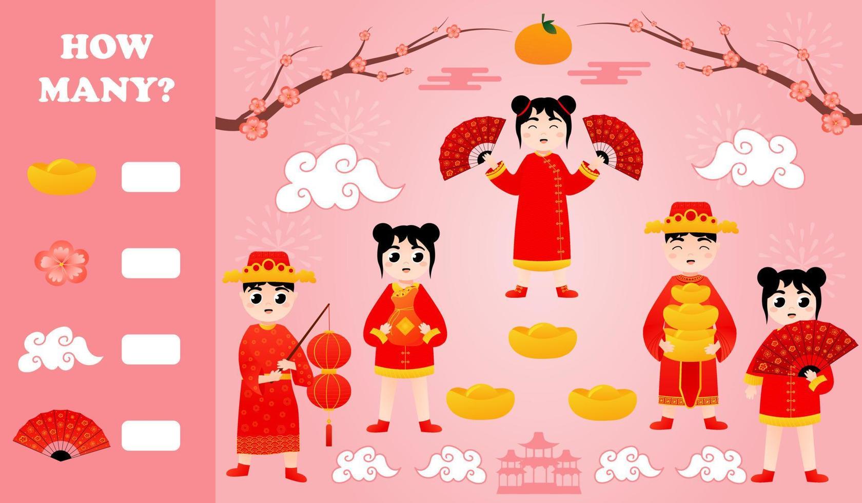 hoe veel puzzel afdrukbare werkblad voor kinderen met kinderen in Chinese traditioneel kostuums en kers bloesem vector