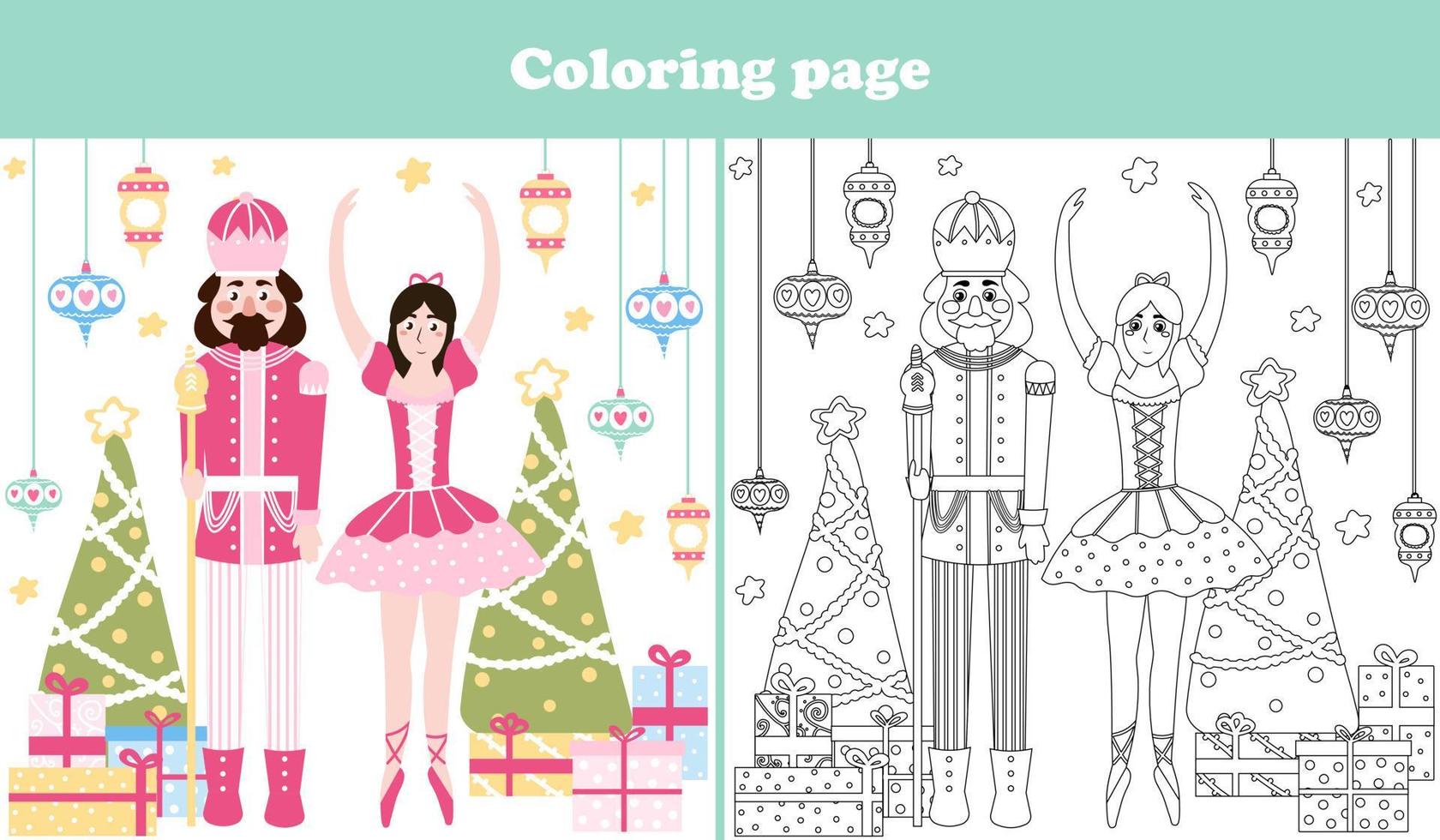 Kerstmis kleur bladzijde met schattig notenkraker karakter en ballerina in tekenfilm stijl, afdrukbare werkblad voor kinderen vector