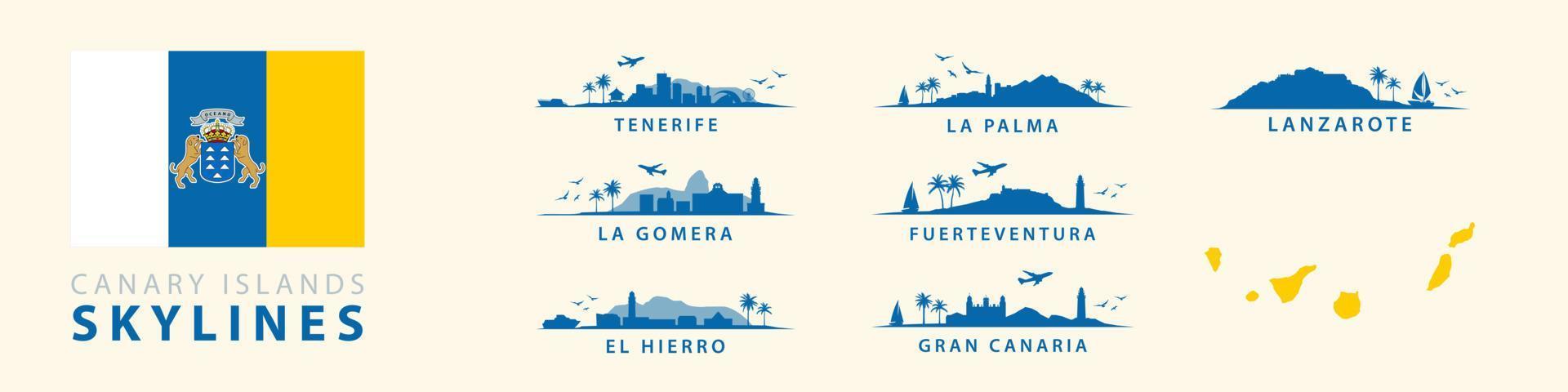 kanarie eilanden skylines, silhouetten van tenerife, la palma, oma kanarie, fuerteventura, lanzarote, el hierro. Spaans tropisch reizen bestemmingen. verzameling van exotisch landschappen. vector