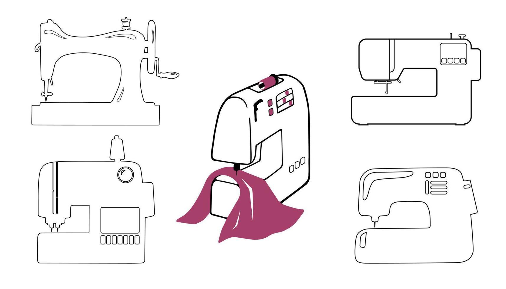 reeks van verschillend naaien machines van retro wijnoogst naar modern elektronisch. schets pictogrammen of logo's. vector illustratie voor kleermaker winkel, naaien, mode, handgemaakt kleren, web ontwerp