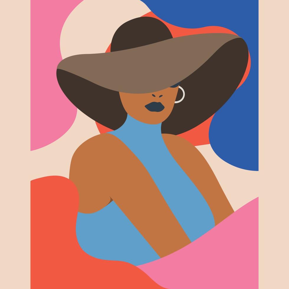 zomer meisje met hoed kleur abstract vormen. silhouetten Aan retro zomer achtergrond. sjabloon voor ansichtkaart, poster, banier, afdrukken voor t-shirt, label, lapje. vector