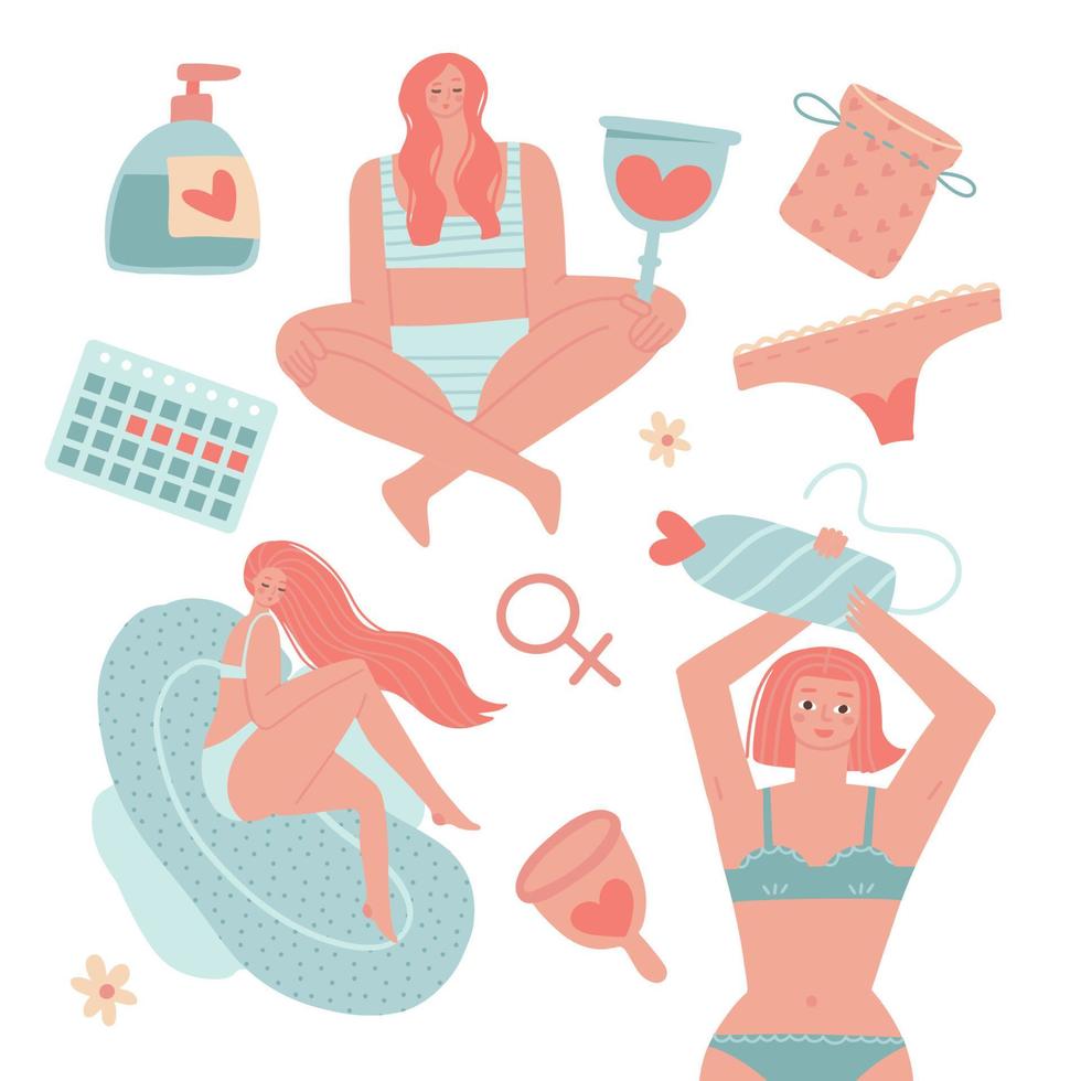 vrouw periodes reeks met drie meisjes Holding groot menstruatie- beker, tampon, sanitair kussen. comfort, bescherming en hygiëne gedurende periodes. lichaam positief en Dames macht verzameling. vector falt illustratie