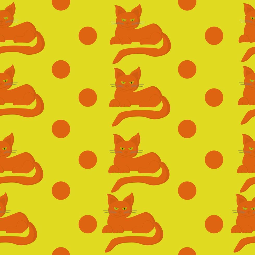 oranje katten en dots naadloos patroon, helder katten en dots in verticaal rijen Aan een geel achtergrond vector