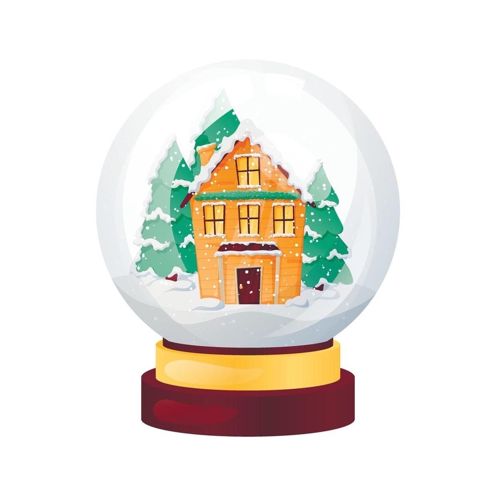 vector geïsoleerd illustratie van Kerstmis souvenir, glas bal met winter huis binnen, sneeuwbanken, sneeuwval en Kerstmis bomen.