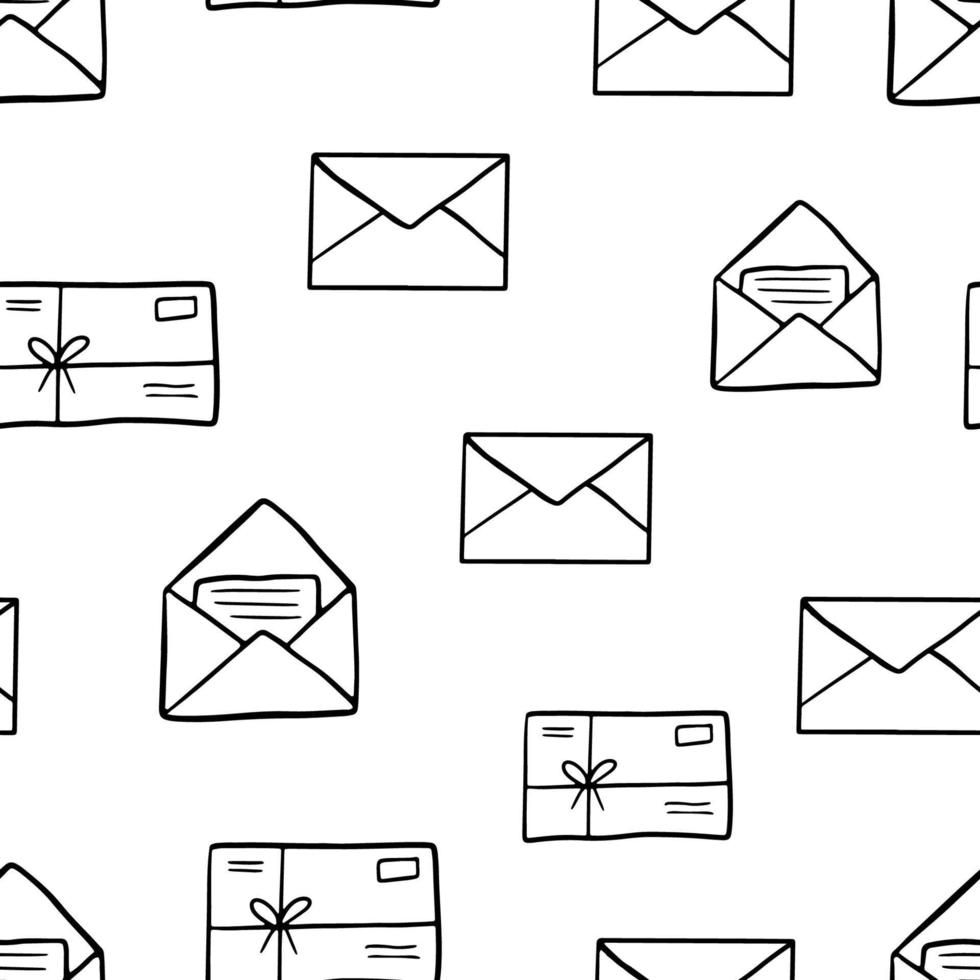 naadloos patroon met hand- getrokken tekening mail. Open envelop met brief en envelop met postzegel vector